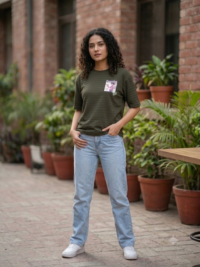 Olive Green Casual Graphic Top