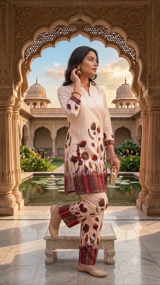 Ivory Floral Printed Women’s Co-Ord Set