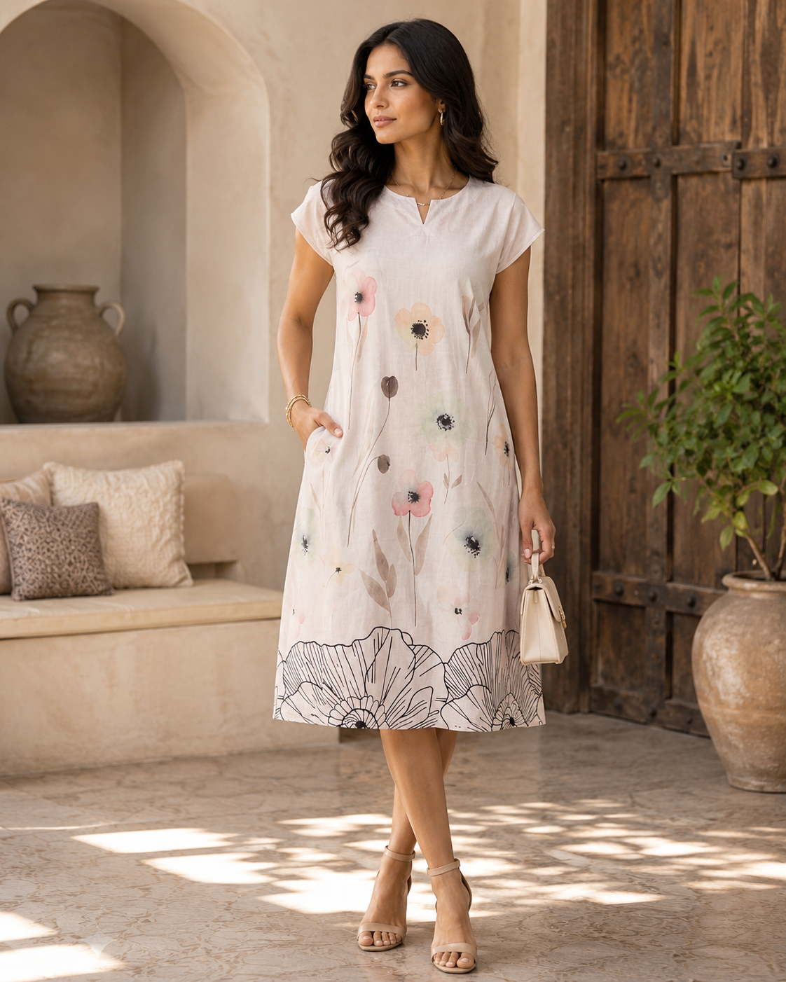 Ivory Floral Print Midi Dress