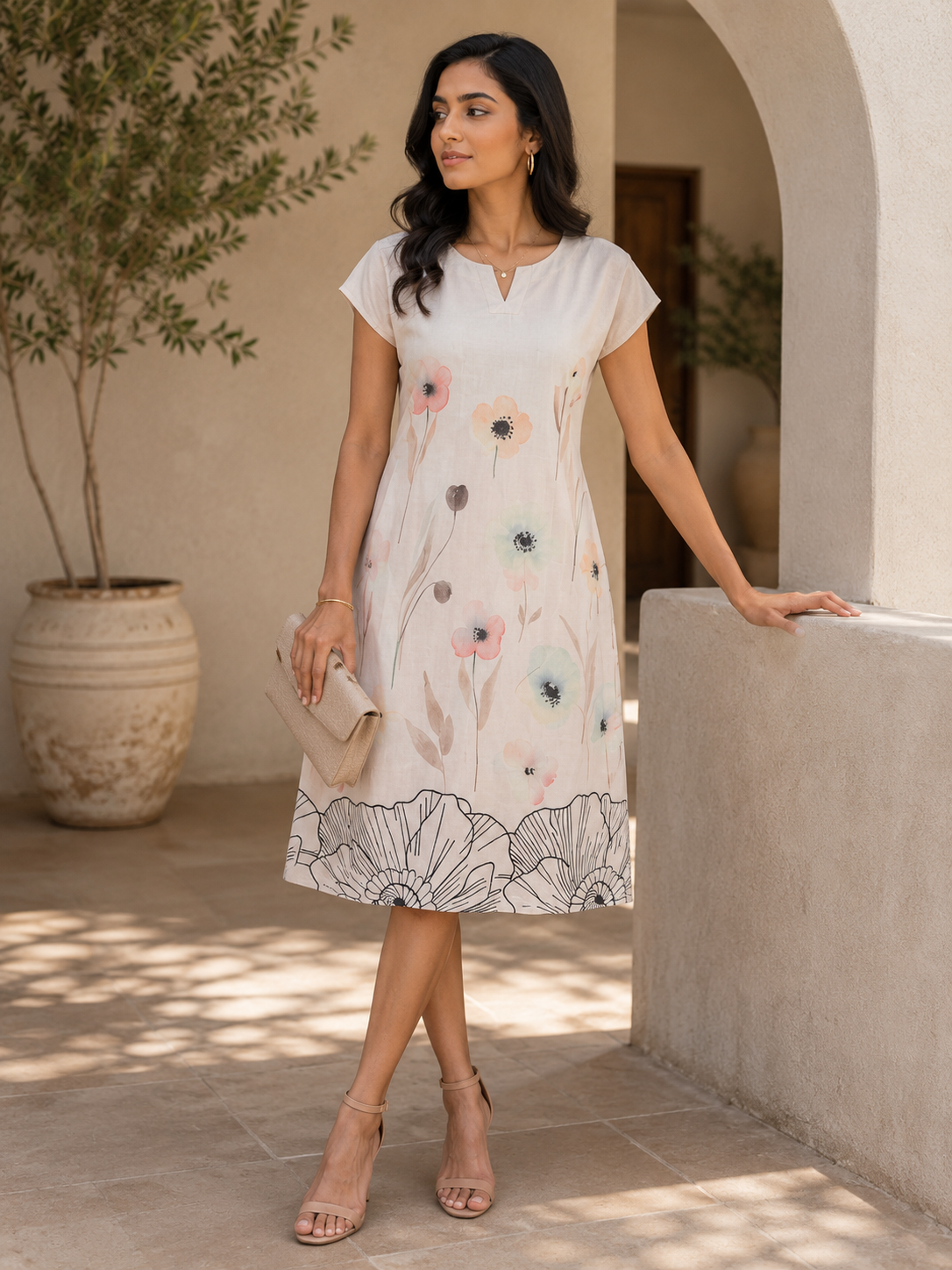 Ivory Floral Print Midi Dress