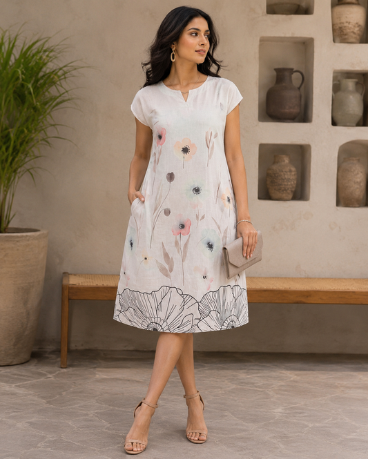 Ivory Floral Print Midi Dress