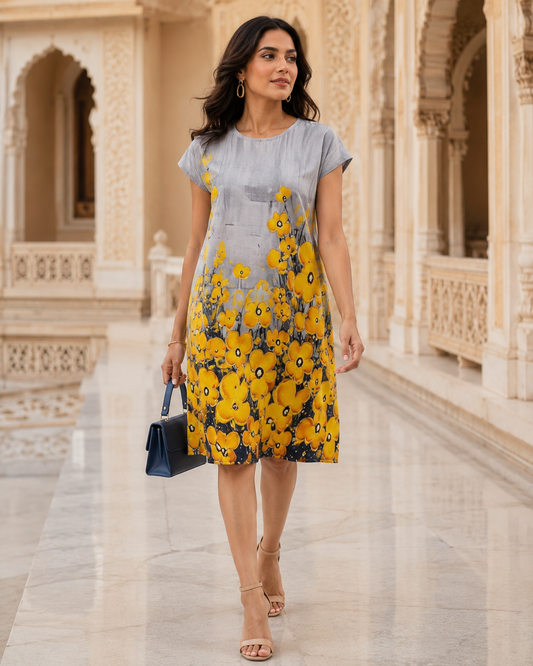 Yellow Floral Print Midi Dress