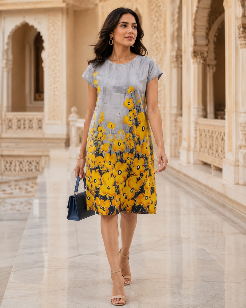 Yellow Floral Print Midi Dress
