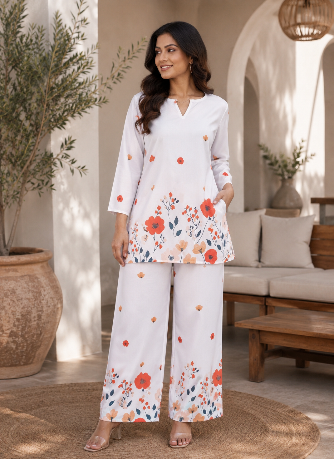 Coral Bloom Floral Co-Ord Set for Women