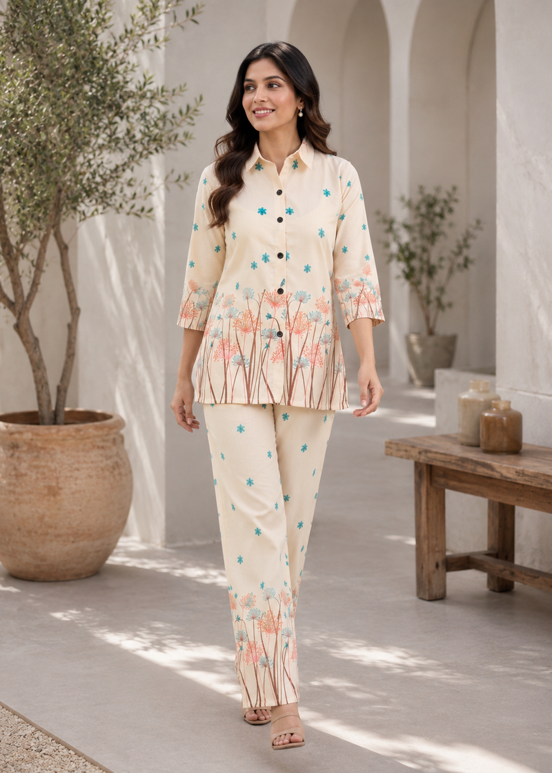 Ivory Floral Printed Women’s Co-Ord Set