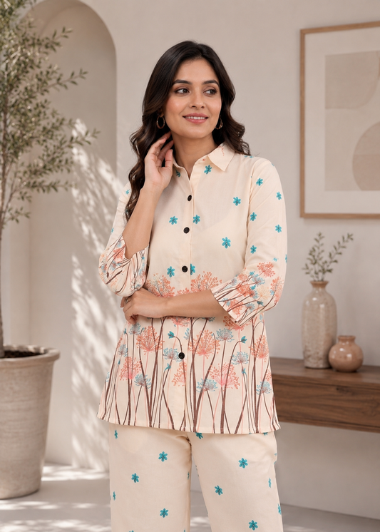 Ivory Floral Printed Women’s Co-Ord Set