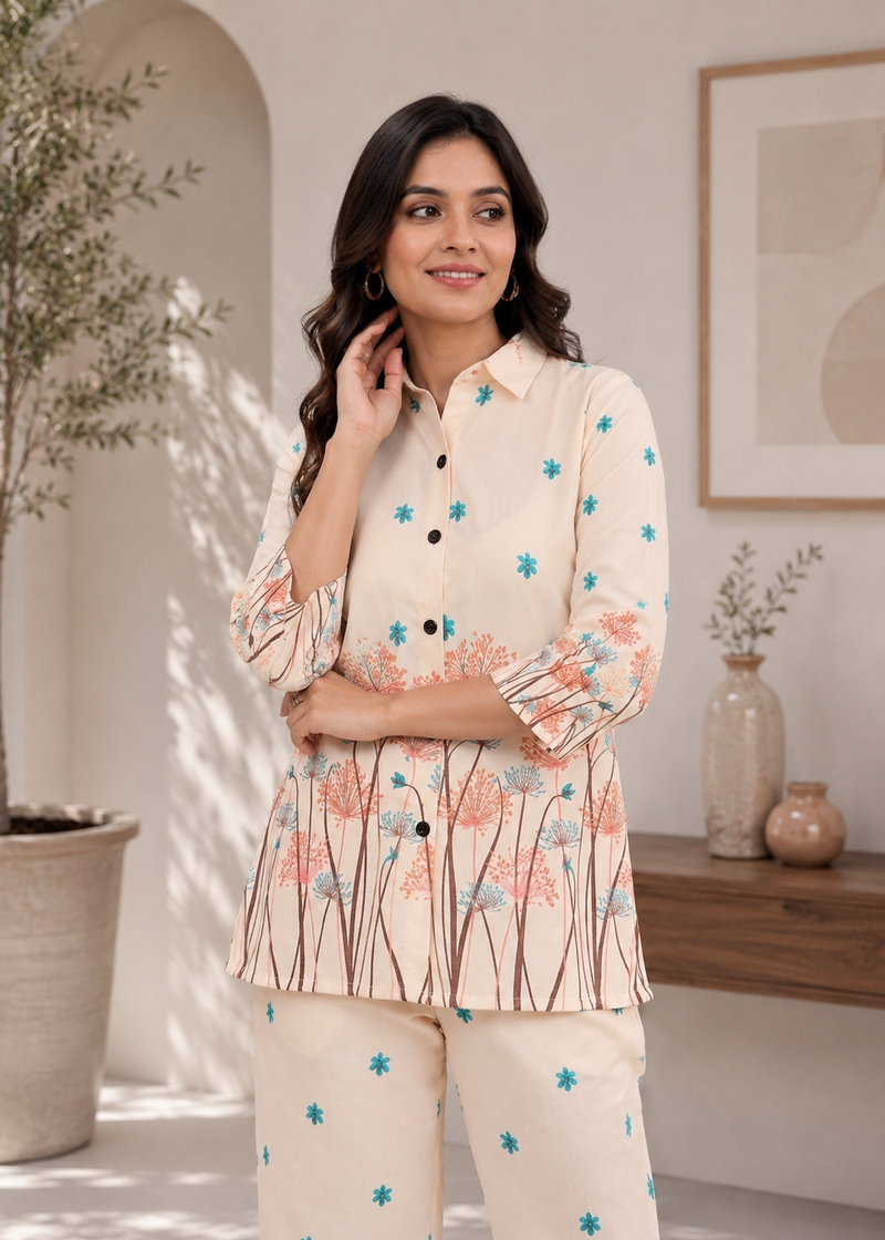 Ivory Floral Printed Women’s Co-Ord Set