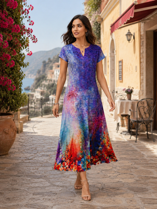 Midnight Bloom Floral Maxi Dress for Women – Elegant V-Neck Printed One Piece Dress