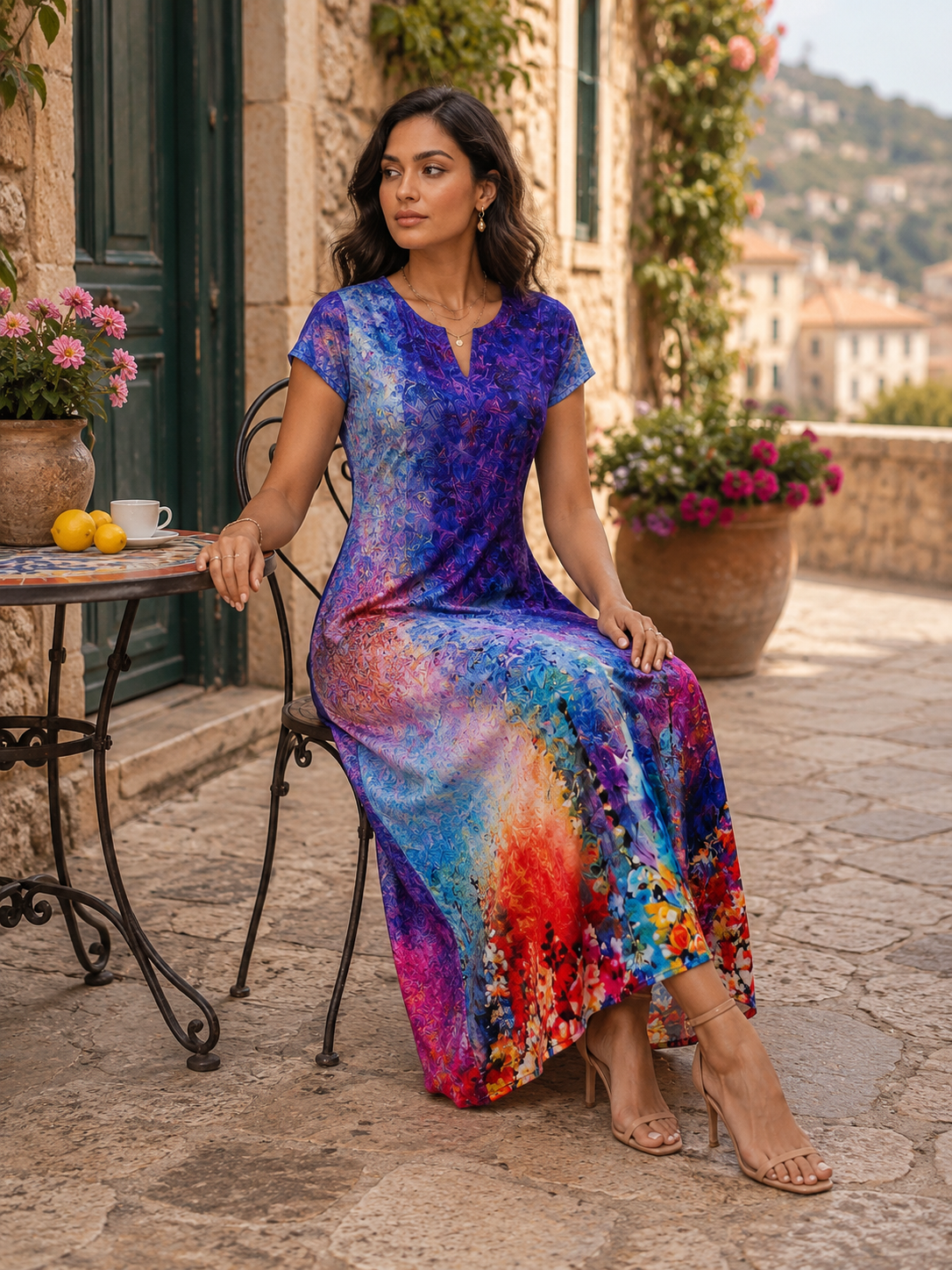 Midnight Bloom Floral Maxi Dress for Women – Elegant V-Neck Printed One Piece Dress