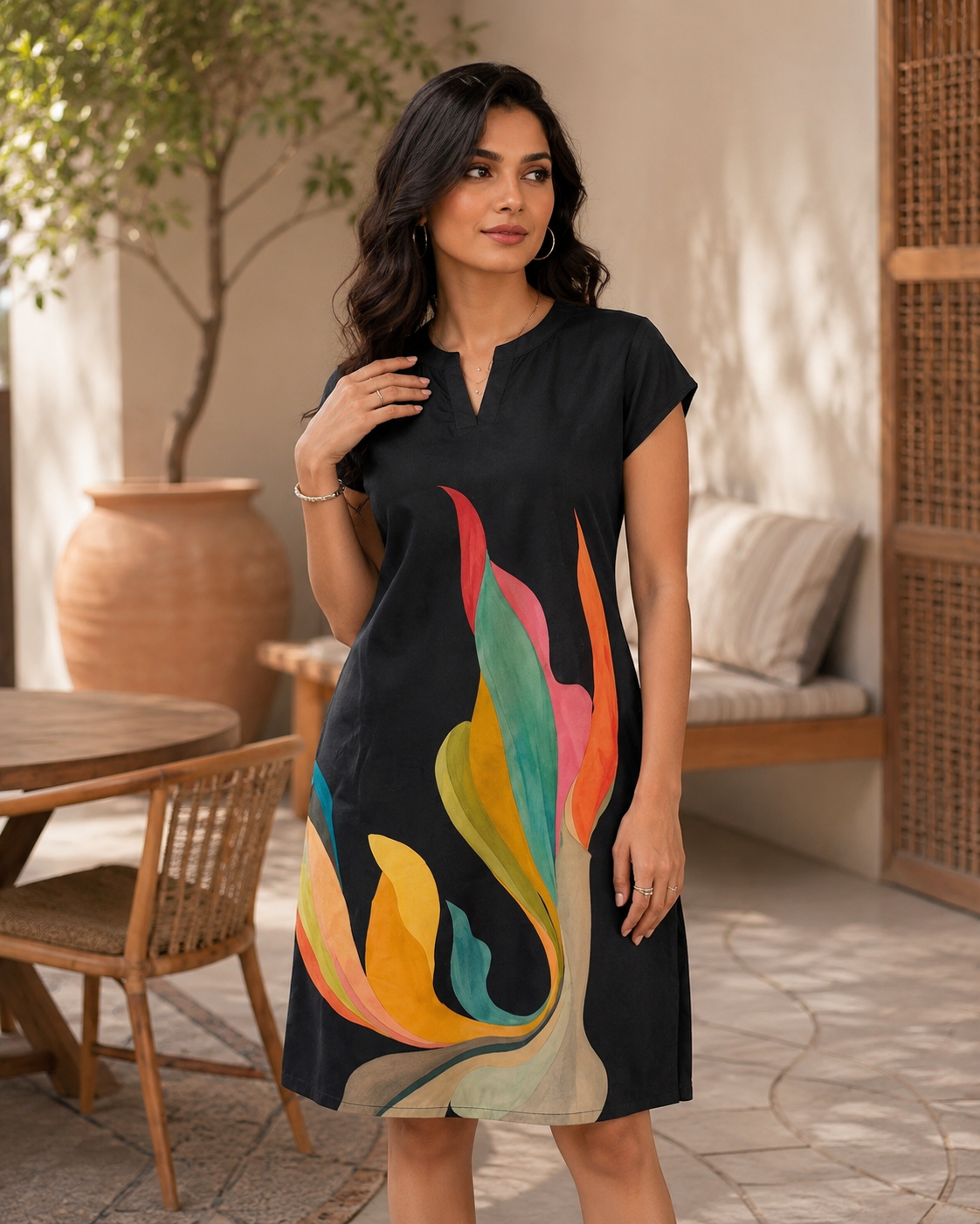 Women's Black Abstract Print Midi Dress – Elegant One Piece Casual Dress with Pockets