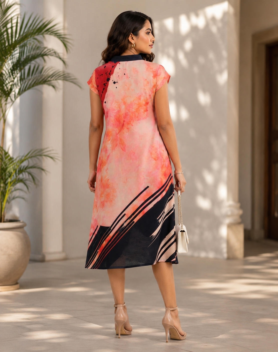 Women's Abstract Floral Print Midi Dress – Elegant Peach & Navy Casual Dress with Pockets