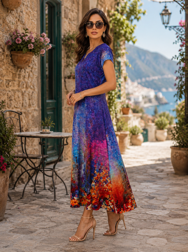 Midnight Bloom Floral Maxi Dress for Women – Elegant V-Neck Printed One Piece Dress
