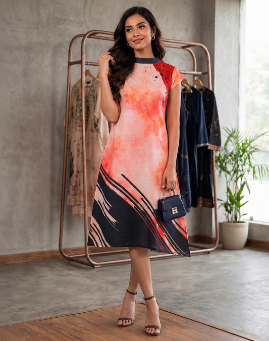 Women's Abstract Floral Print Midi Dress – Elegant Peach & Navy Casual Dress with Pockets